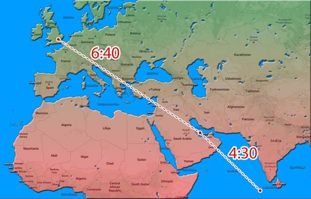 A map of the route from Heathrow to Doha to Male on a Qatar Airways Airbus