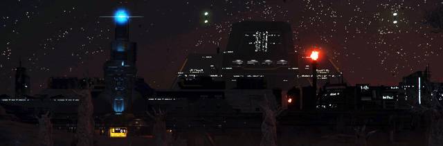 Star Citizen , Lorville, Perimeter gates are marked with a blue light and can be reached by train