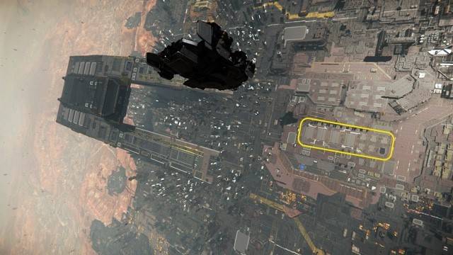 An edited screenshot to locate the hangers at Lorville from the air