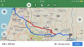 A screenshot of an app offering routes to and from the Dead Sea
