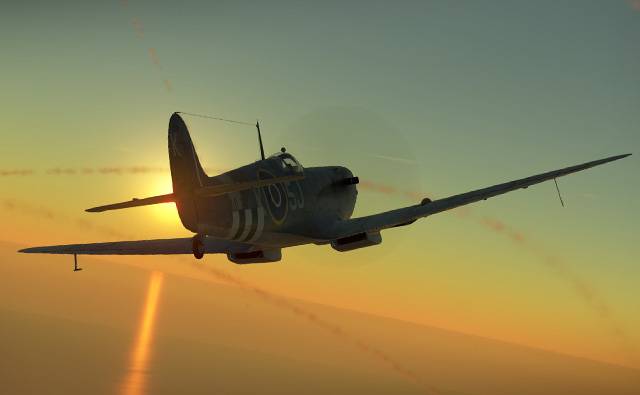 The Plagis Spitfire LF Mk. IX dog-fighting at dusk.