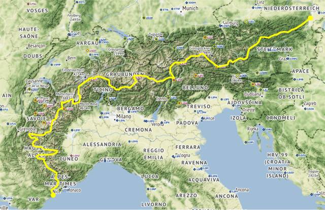 The Alpine Odyssey is nearly 1000 miles long and has 10 stages starting on the south coast of France